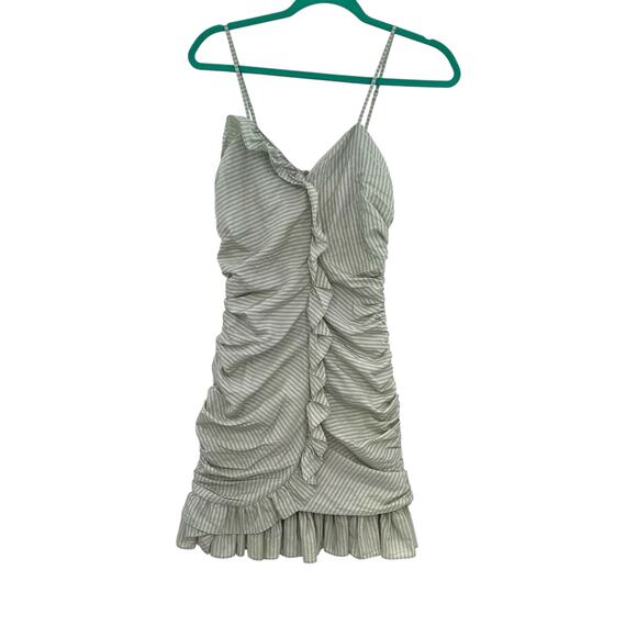 Betsey Johnson Vintage Dress Mini Ruched Ruffle Striped Green Gray Size 0 - Picture 1 of 11